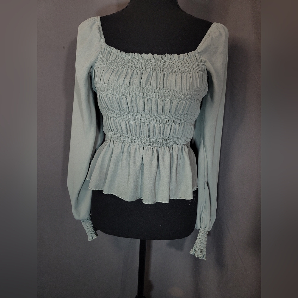 Ultra Flirt Smocked Peplum Blouse in Sage Green